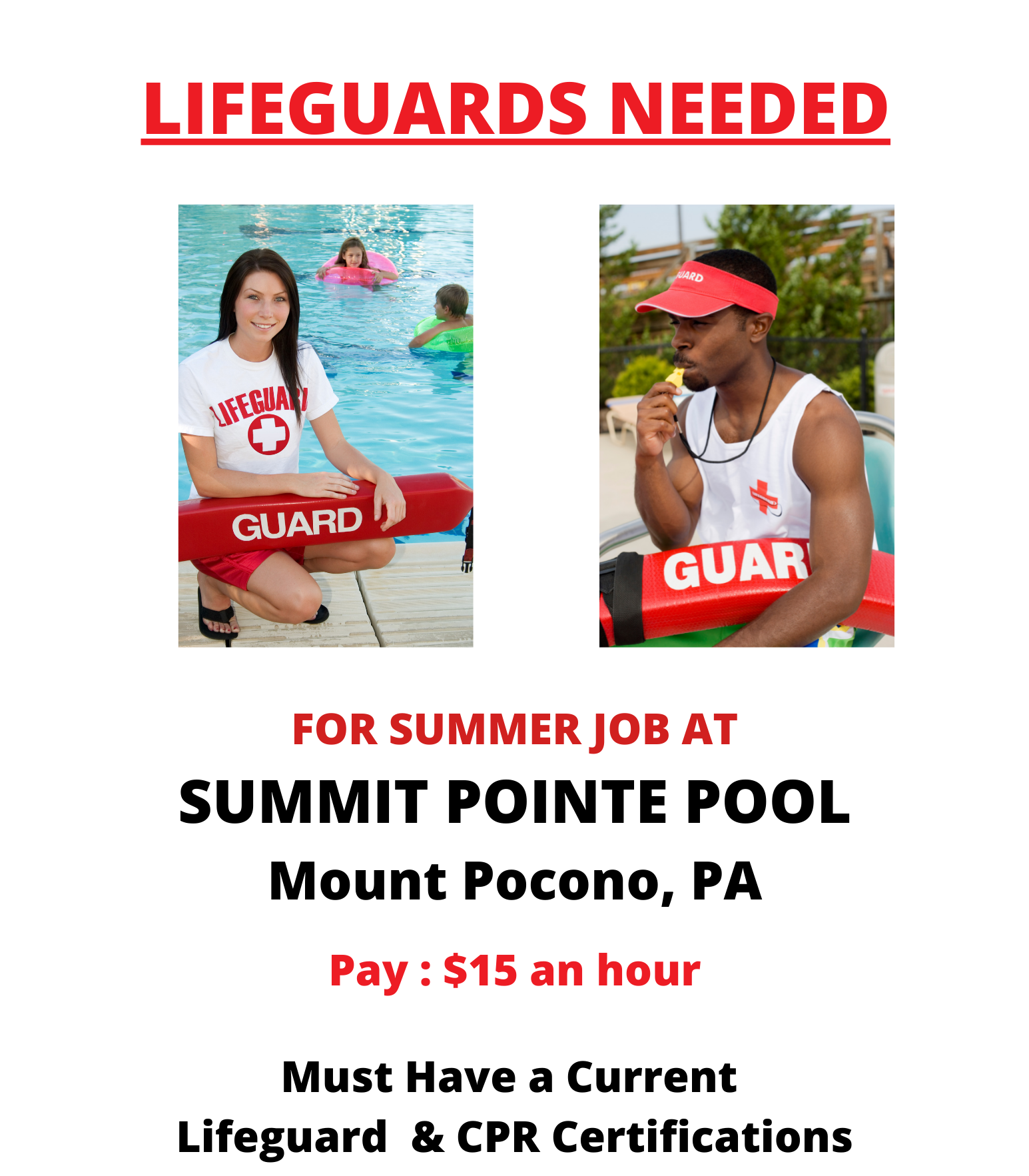 Lifeguards Needed 2024 Summit Pointe Property Owners Association